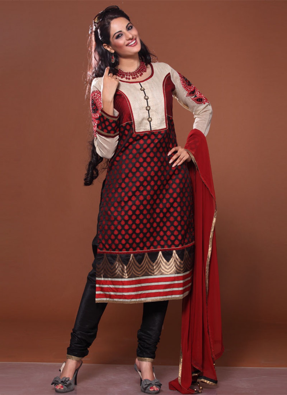 Maroon And Black Patch Border Work Churidar Suit