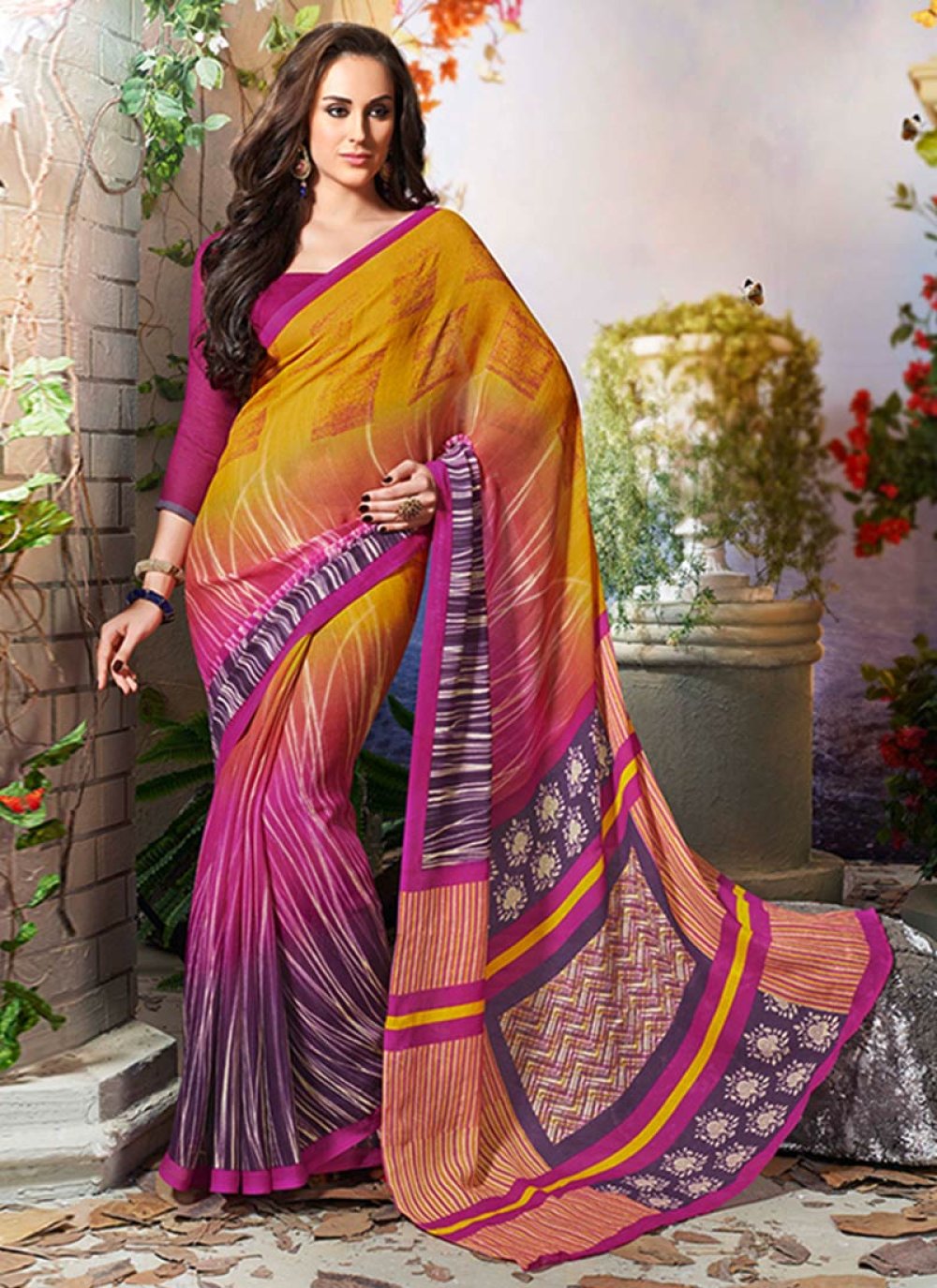 Printed Art Silk Saree Multicoloured with Blouse Piece Pack Of 2 |  gintaa.com