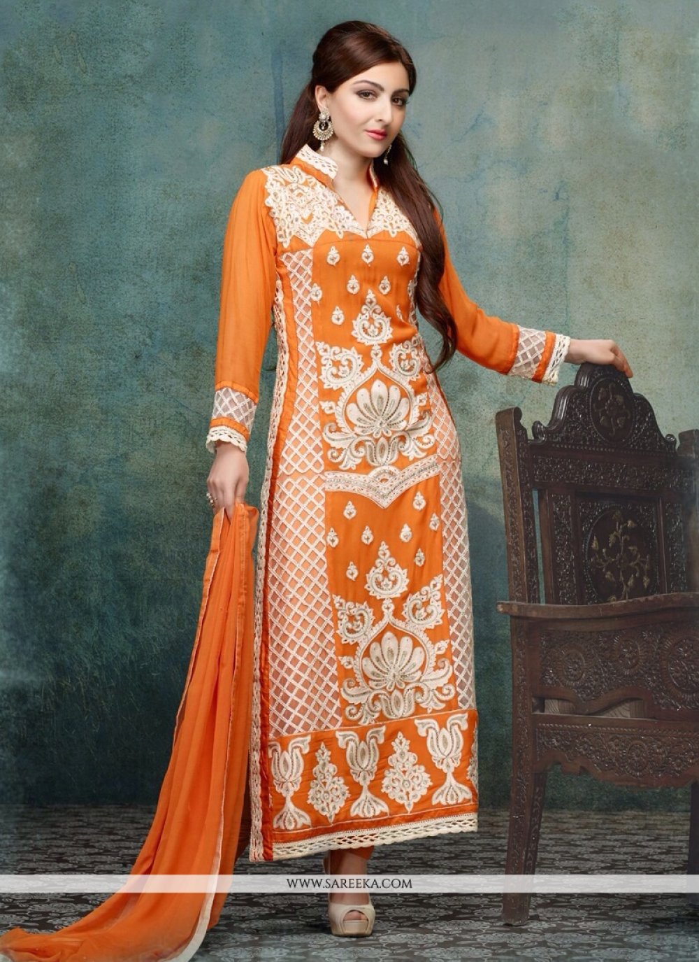 Soha Ali Khan Orange Resham Work Churidar Suit