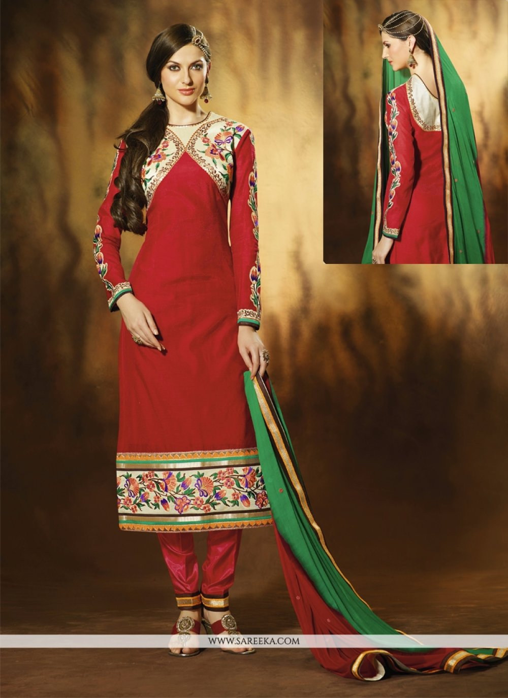 Red Art Silk Pant Style Salwar Suit