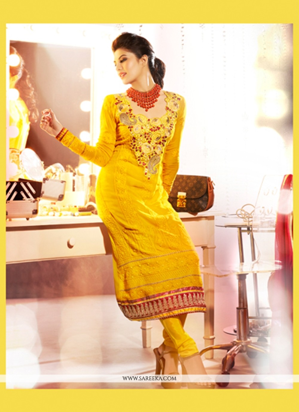 Yellow Embroidery Work Churidar Salwar Suit