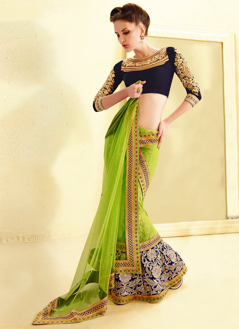 Buy Niti Taylor in Kalki Parrot Green Lehenga And Crop Top In Raw Silk With  A Matching Heavy Embroidered Long Jacket