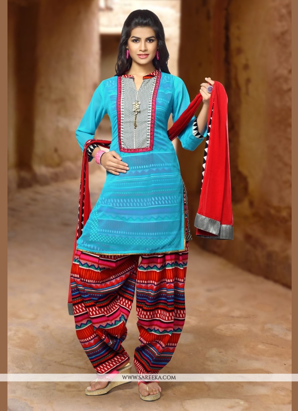 Turquoise Resham Work Art Silk Trendy Punjabi Churidar Suit