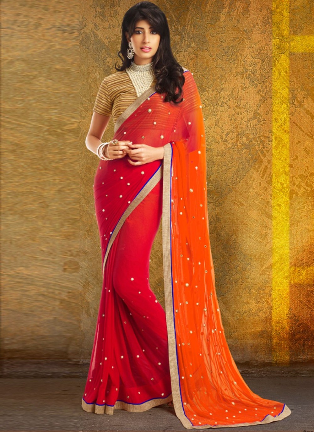 Orange And Red Patch Border Saree