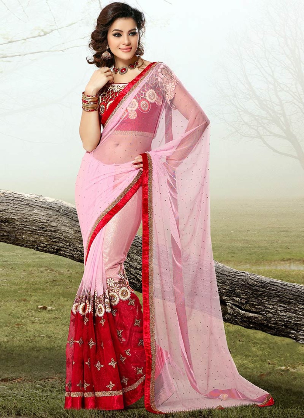 Pink Net Saree