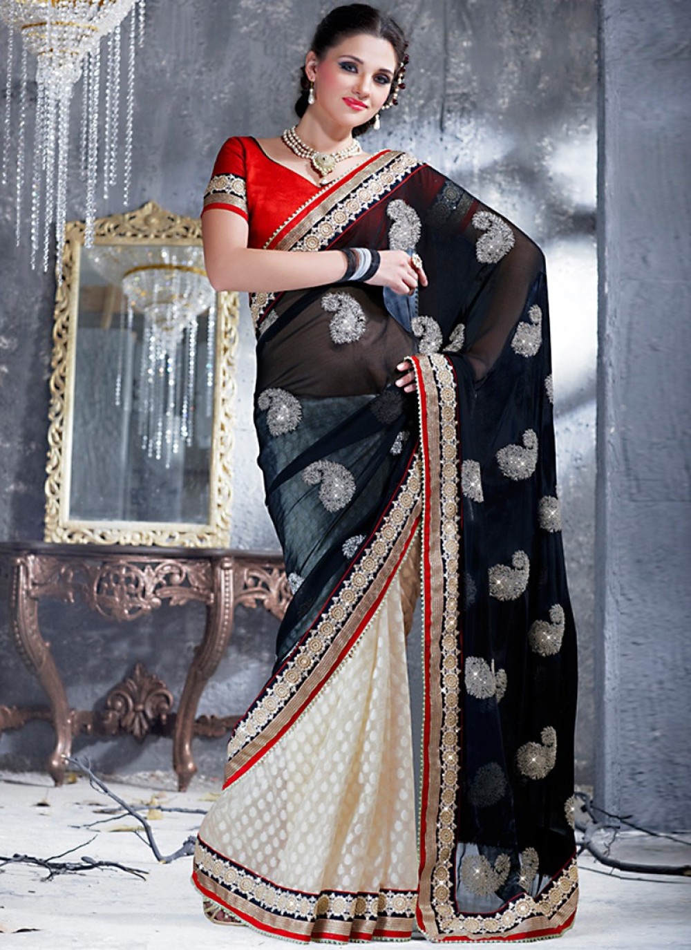 Buy Pink and Black Floral Organza Saree Festive Wear Online at Best Price |  Cbazaar