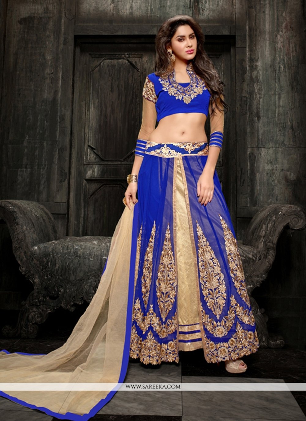 beige and blue lehenga