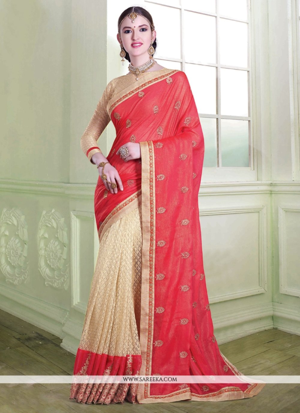 Net Red Patch Border Work Designer Saree