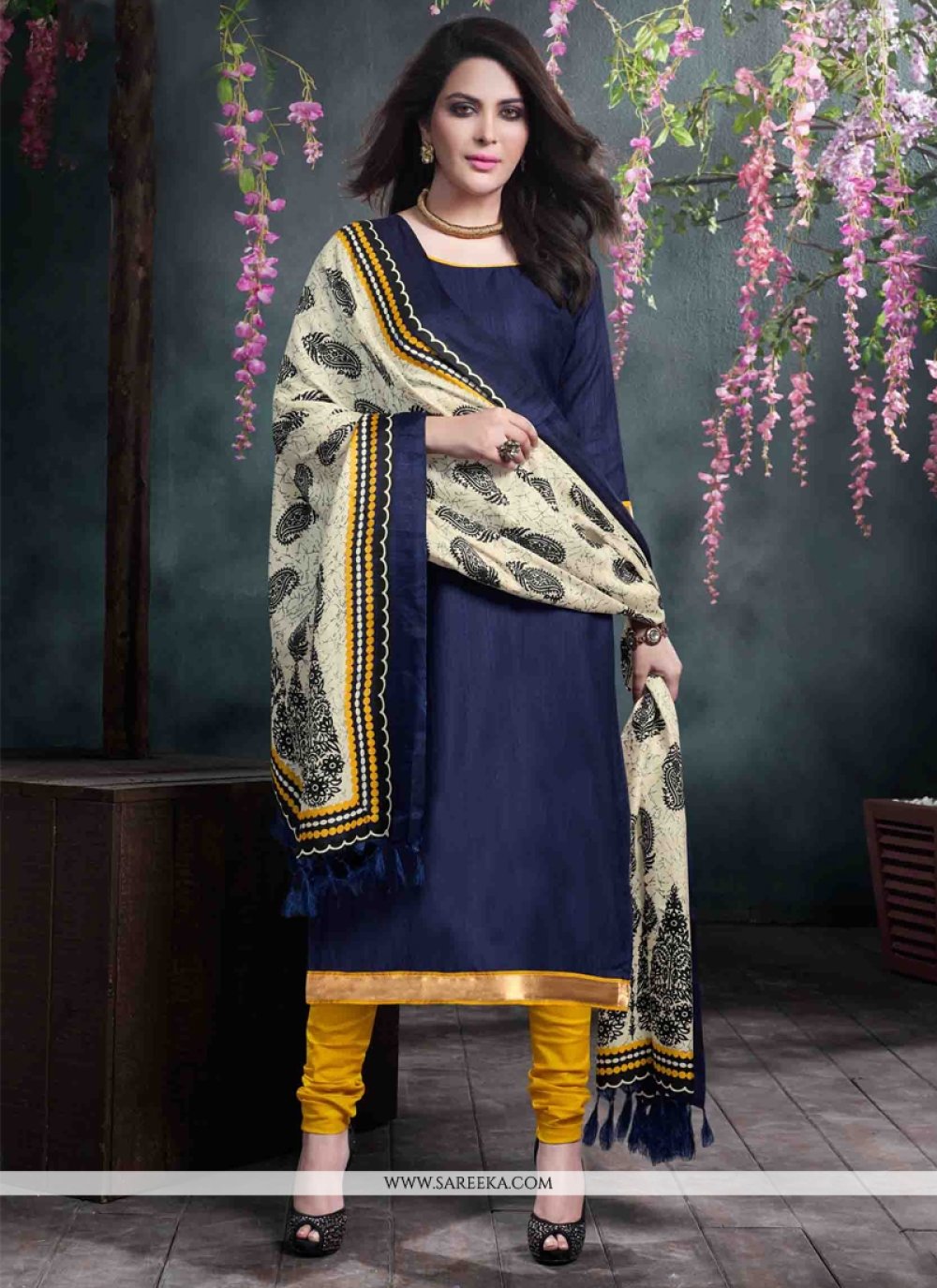 Bhagalpuri Silk Navy Blue Lace Work Churidar Salwar Kameez