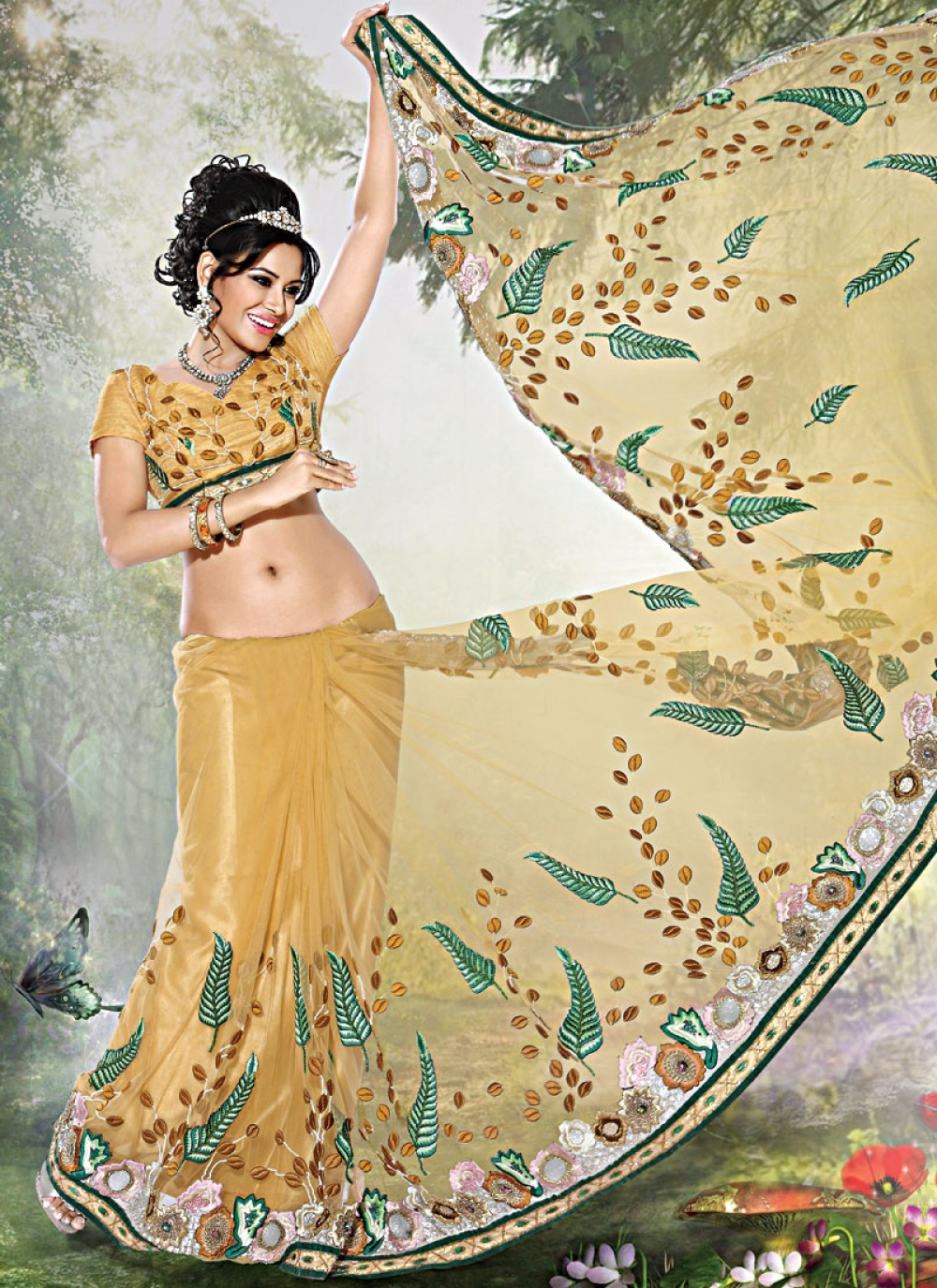 Gold Color Embroidered Saree