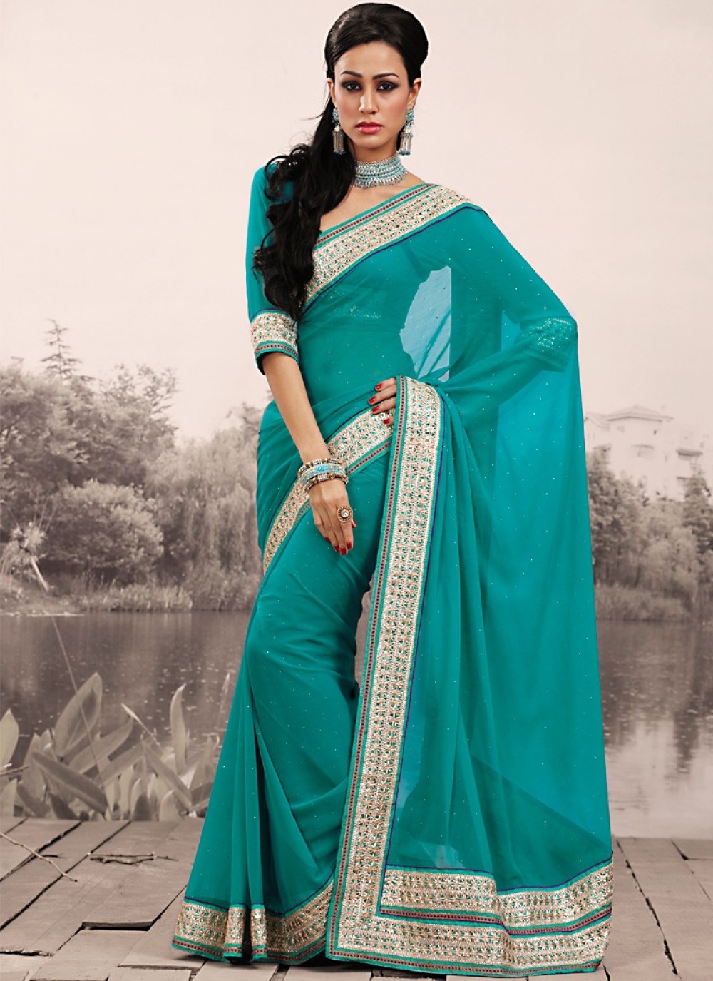 Tal Blue Embroidered Saree