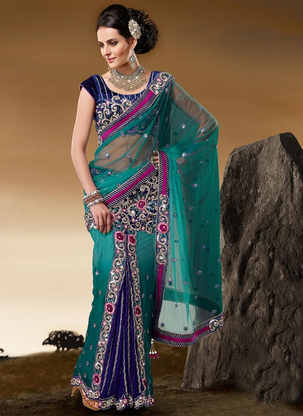 Teal and Blue Net Ready Pleated Saree