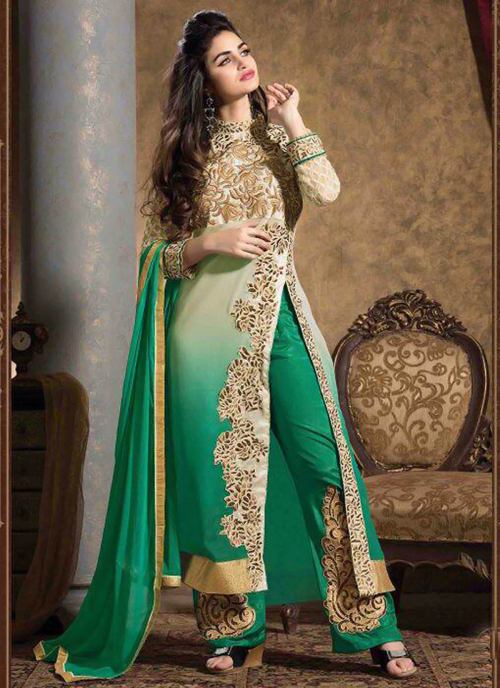 Teal Green And Cream Shaded Georgette Salwar Suit