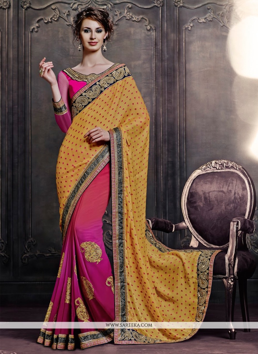 Pink and Yellow Patch Border Work Faux Chiffon Designer Saree