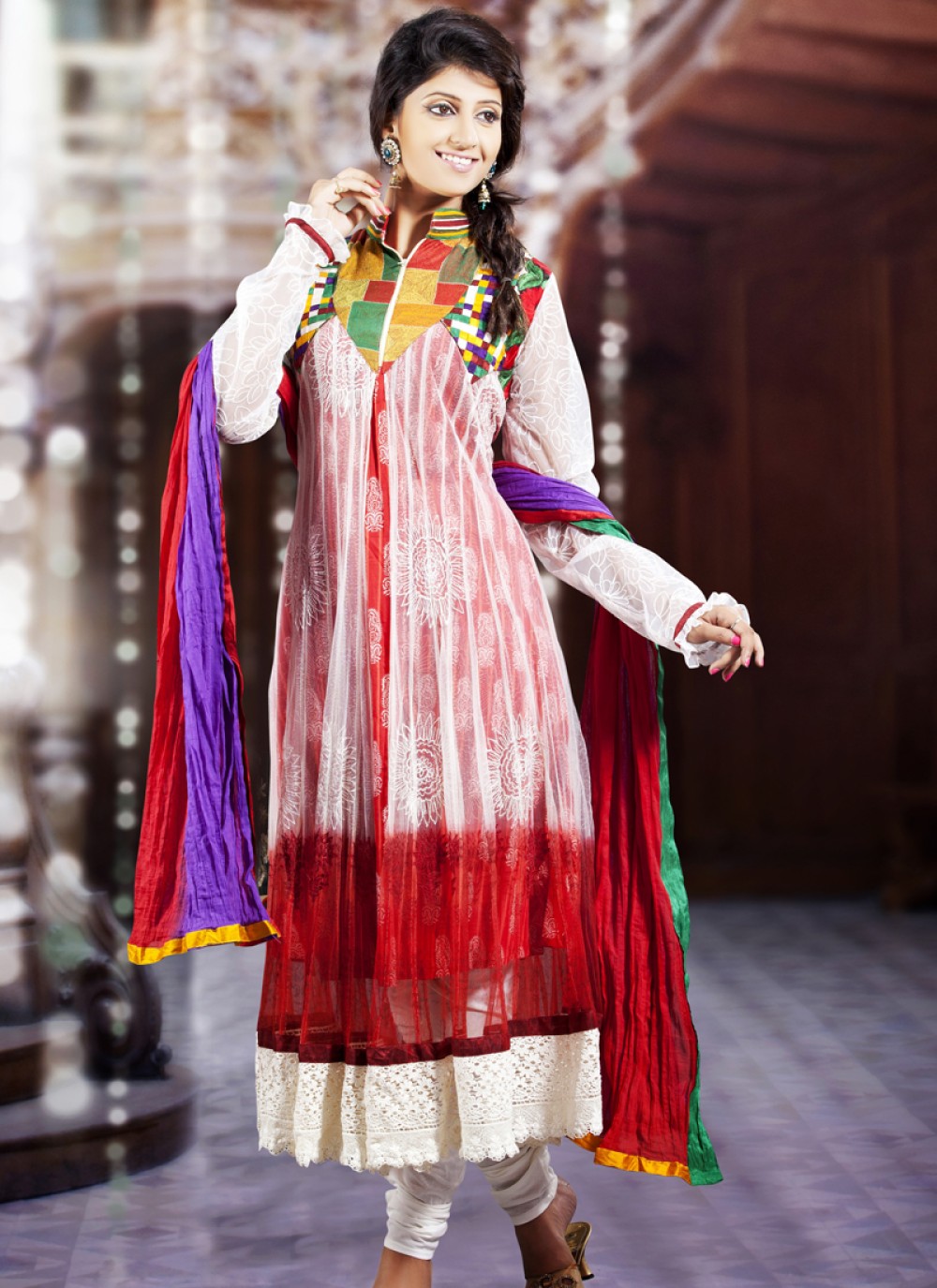 Tranquil Bick Red, Bluish Purple & White Salwar Kameez
