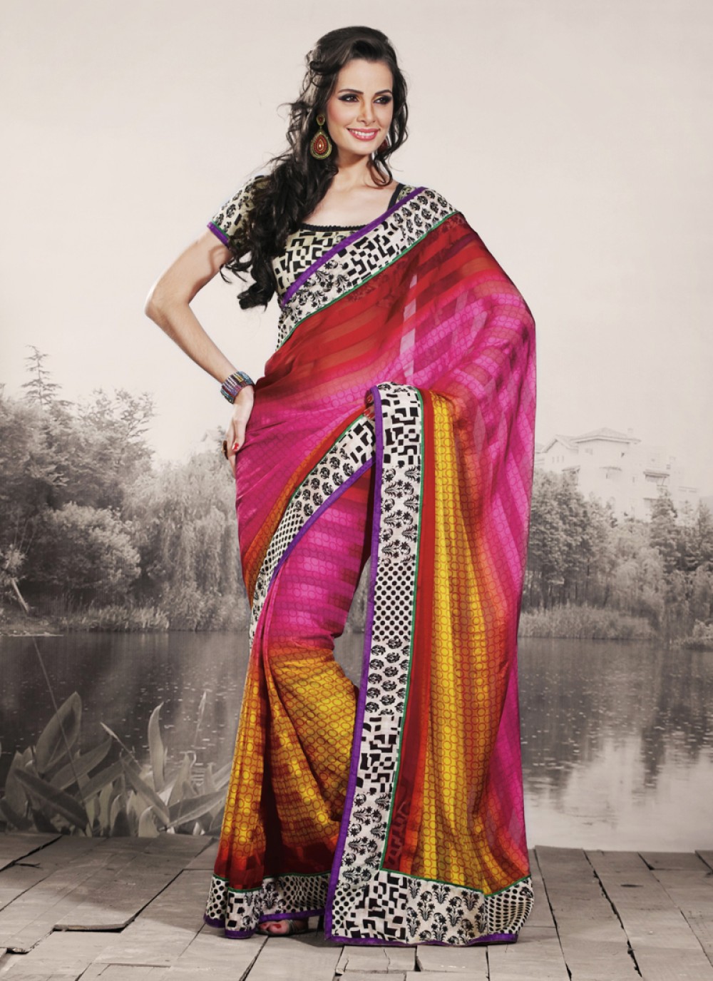 Tranquil Bick Red, Deep Pink & Gold Color Embroidered Saree