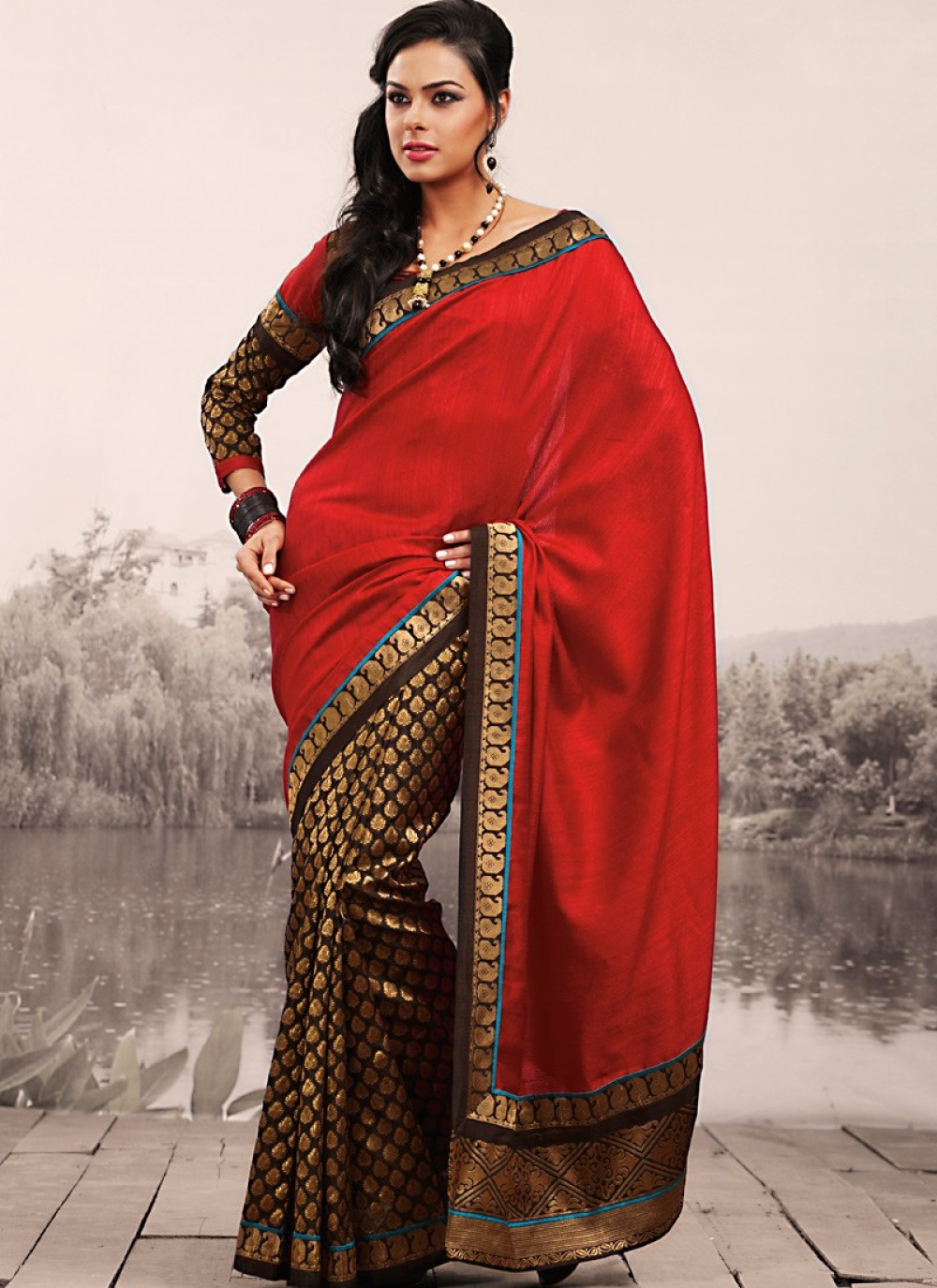Tranquil Brown & Coral Embroidered Saree