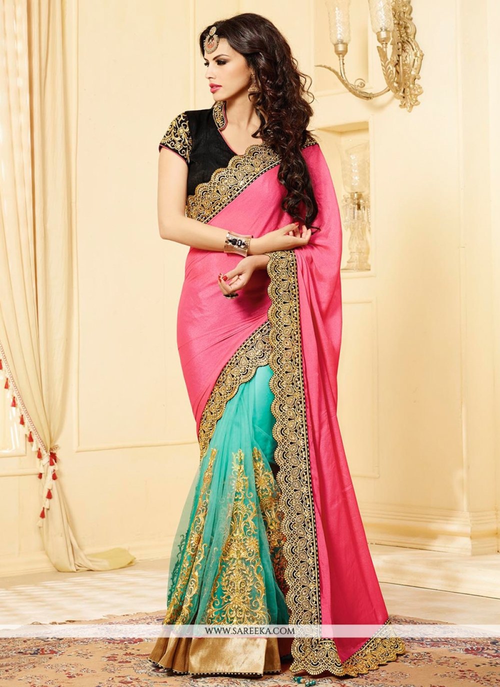 Turquoise And Pink Shimmer And Net Saree