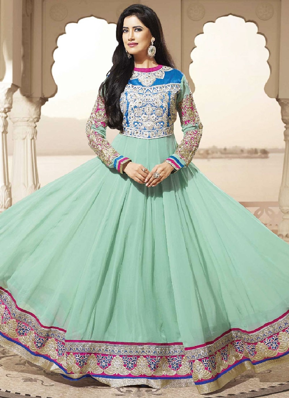 Turquoise Blue Embroidery Enhanced Long Anarkali Suit