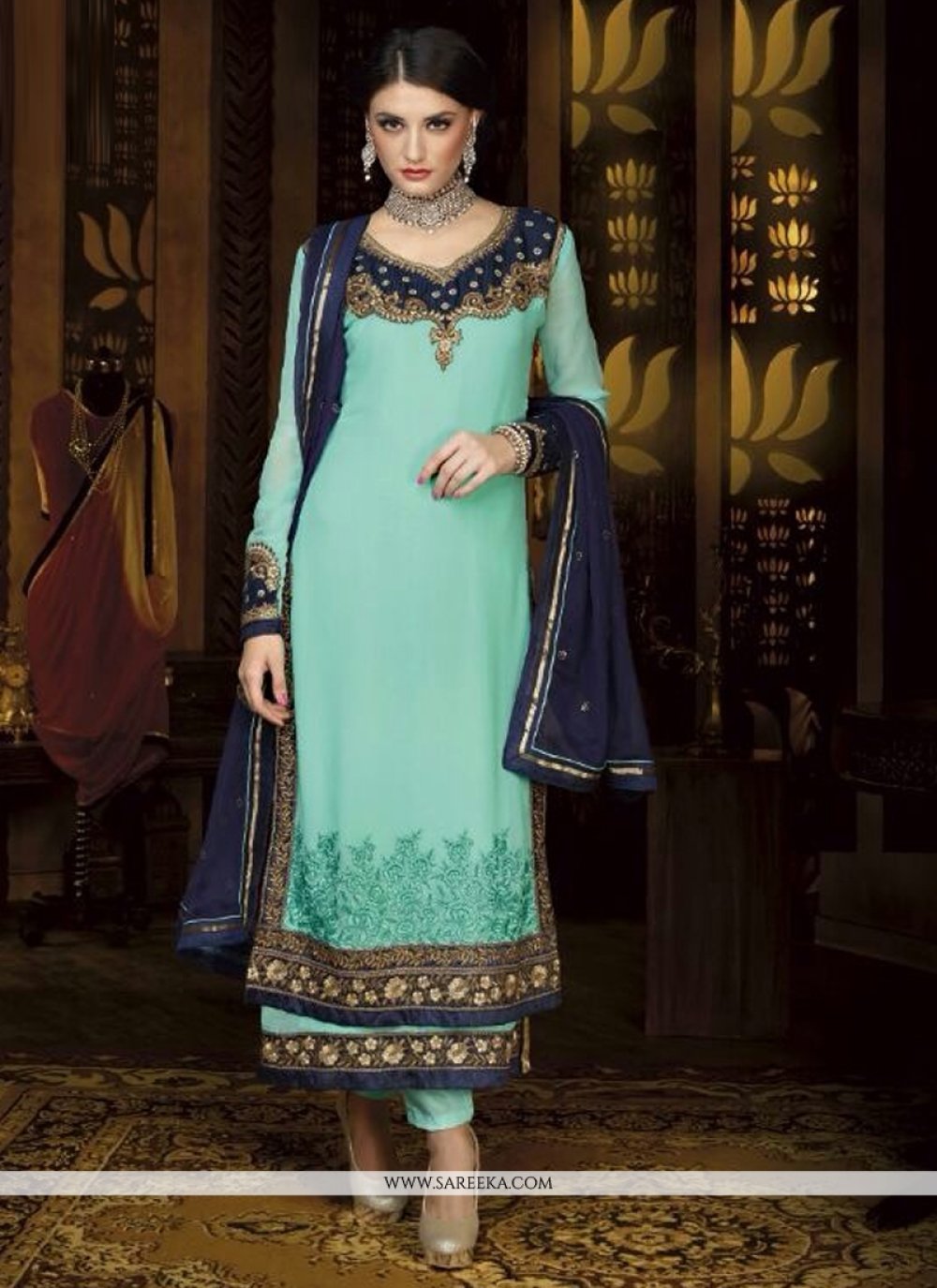 Turquoise Blue Georgette Pant Style Suit