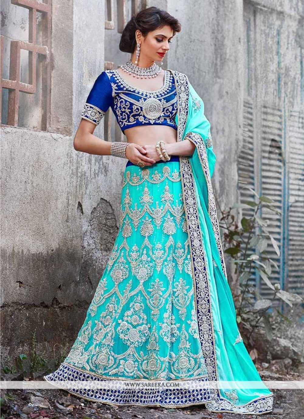 Turquoise Blue Net Bridal Lehenga Choli