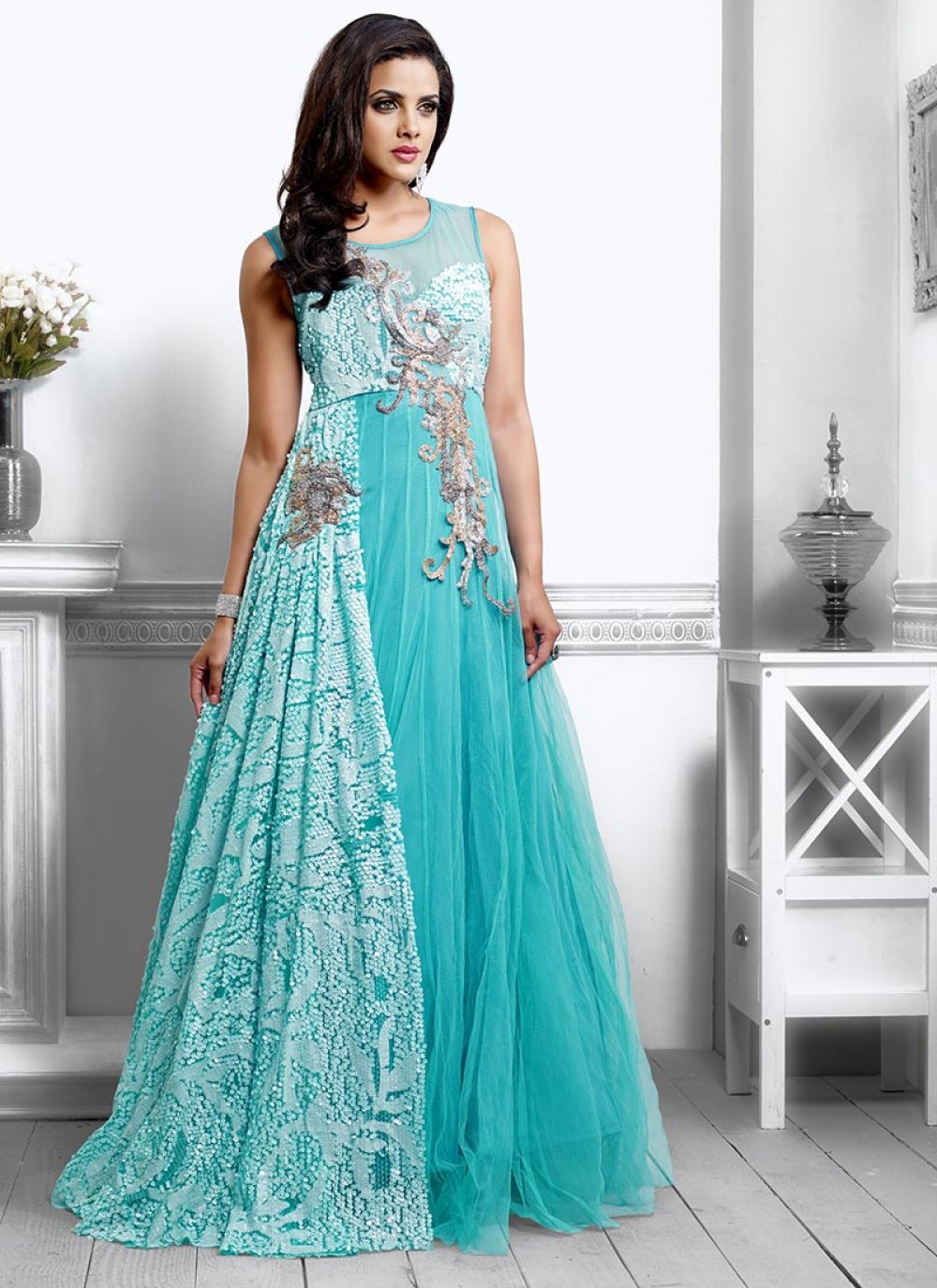 Turquoise Blue Net Designer Gown -