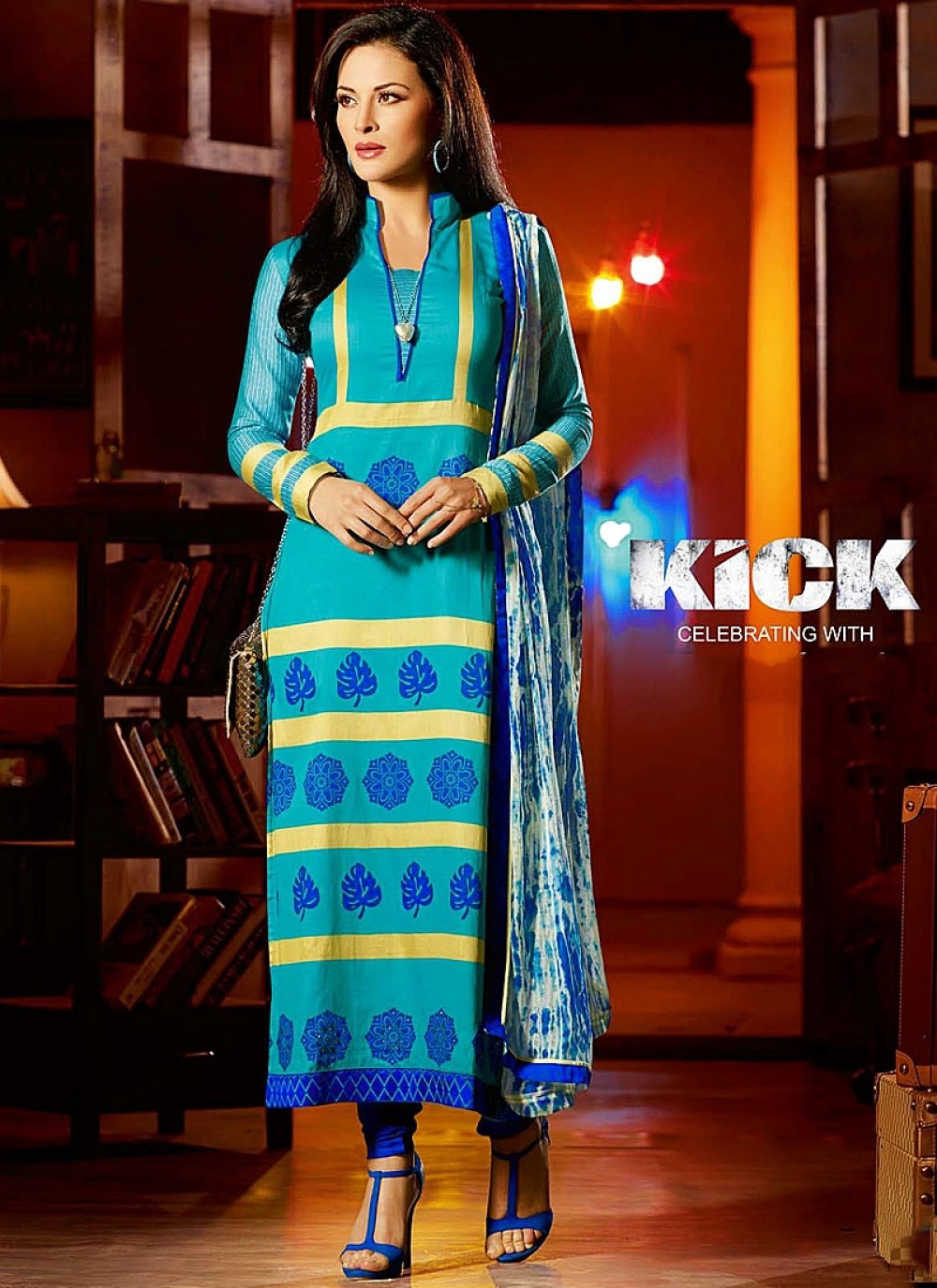 Turquoise Cotton Printed Kick Movie Churidar Suit