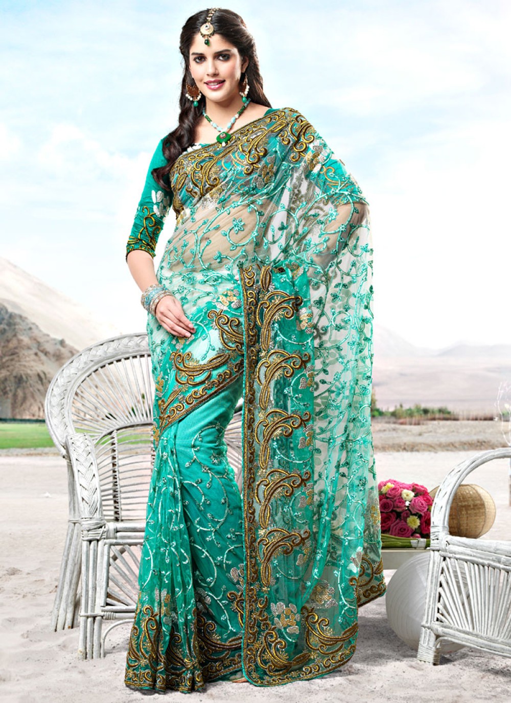 Turquoise Resham Enhanced Net Saree