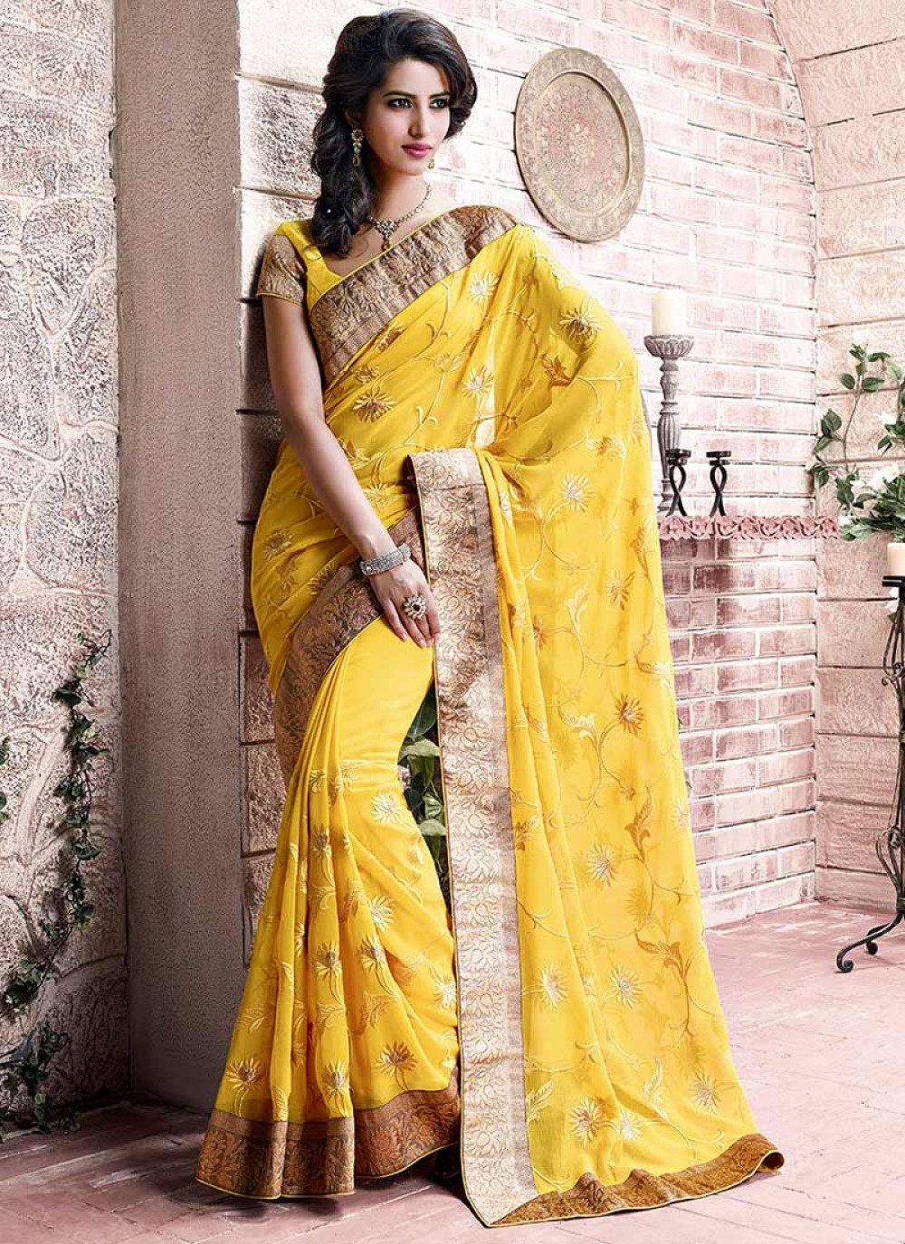 Yellow Georgette Embroidered Saree