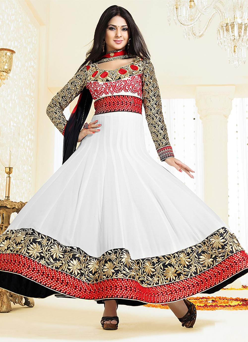 White And Black Patch Resham Work Anarkali Suit