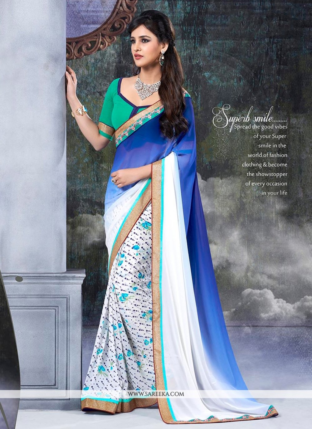 White And Blue Shaded Pure Georgette Saree - Party Wear Sarees