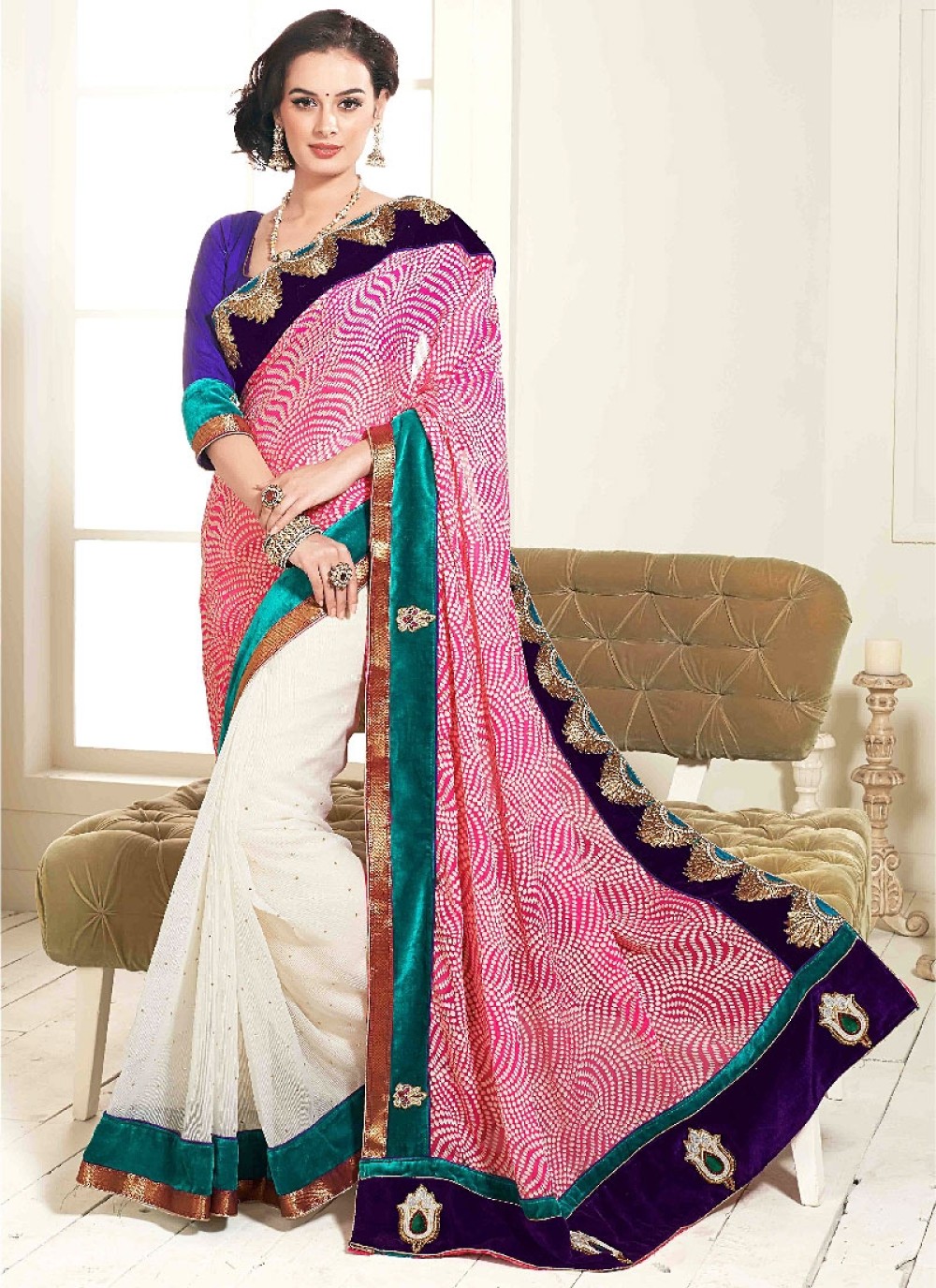 White And Pink Embroidery Georgette Designer Saree