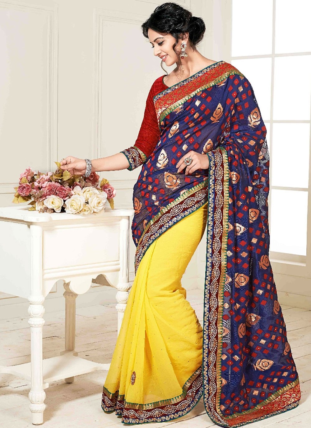 Yellow And Blue Embroidery Work Georgette Designer Saree