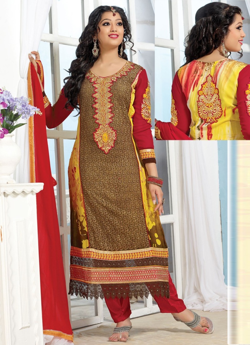 Yellow And Brown Georgette Churidar Suit