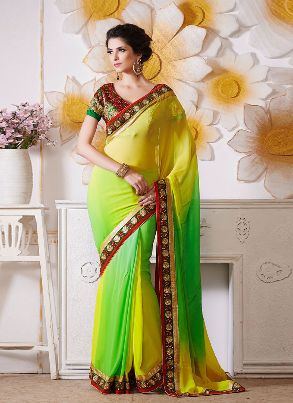 Yellow And Green Embroidery Work Designer Saree