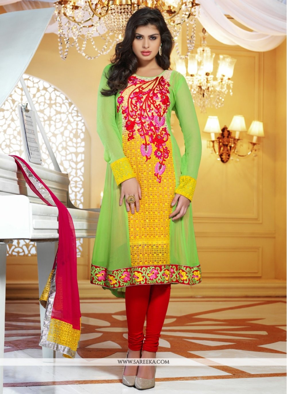 Yellow And Green Viscose Georgette Churidar Suit