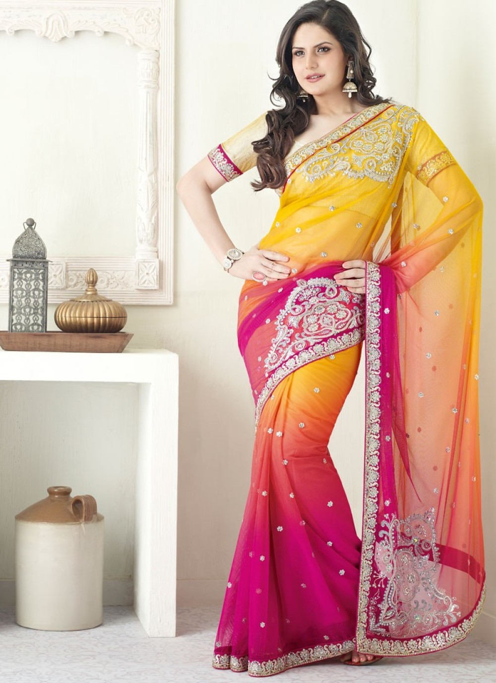 Yellow and Magenta Embroidered Net Saree