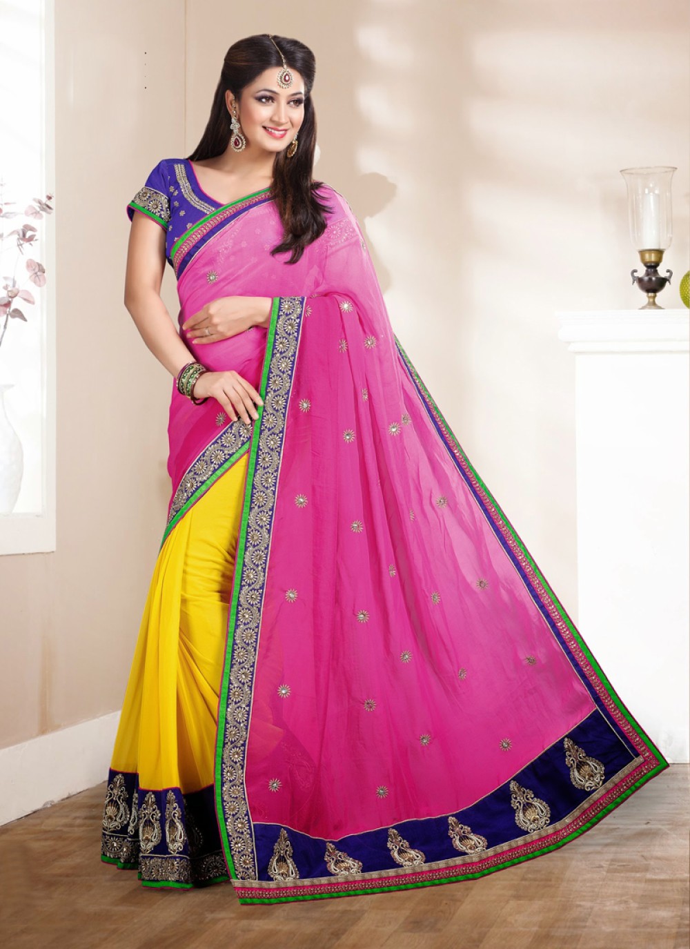 Yellow And Pink Georgette Designer Saree