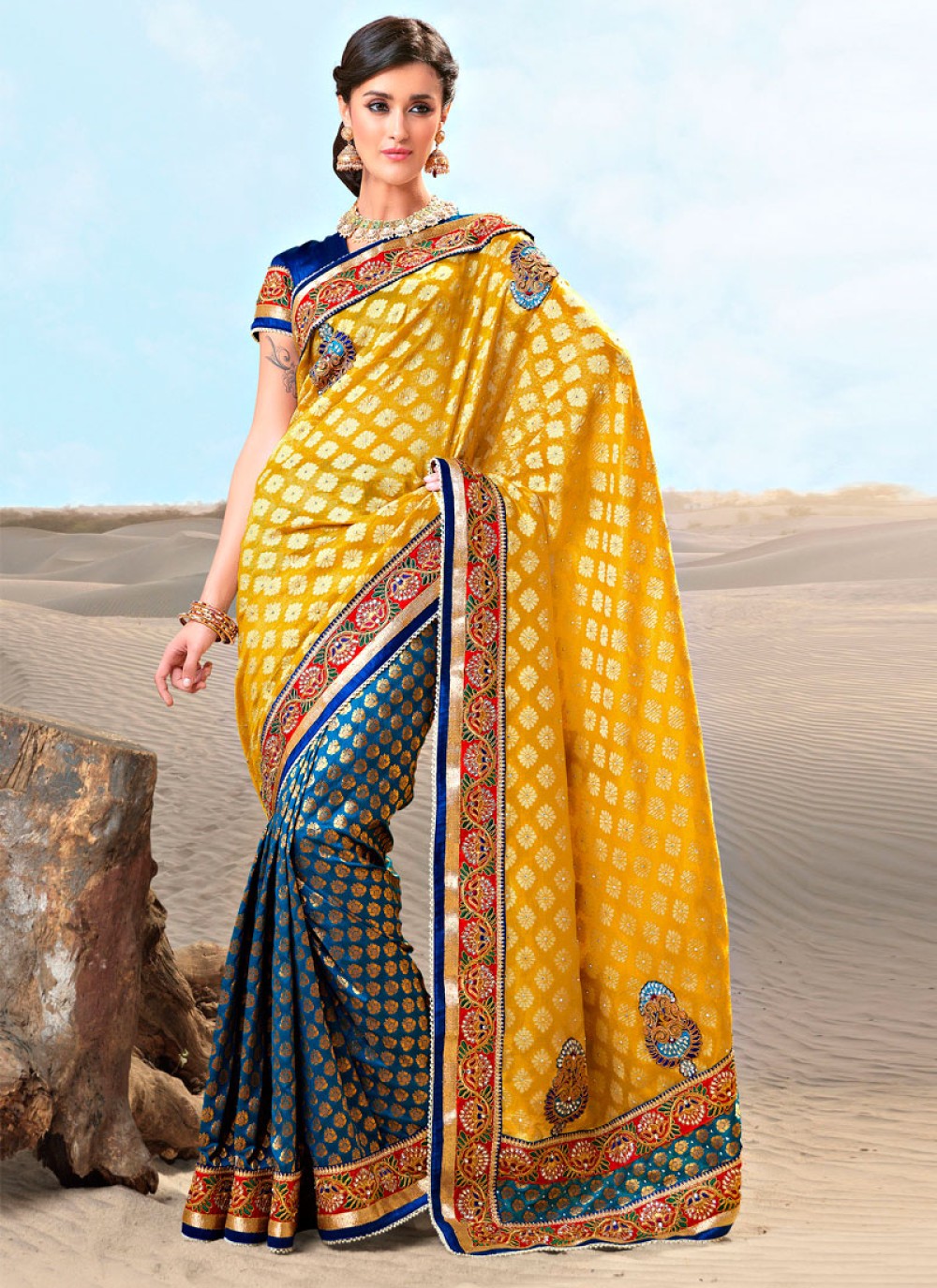 Yellow And Teal Blue Brocade Embroidered Saree