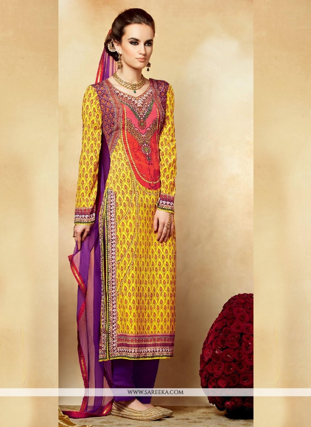 Yellow Crepe Pant Style Salwar Suit