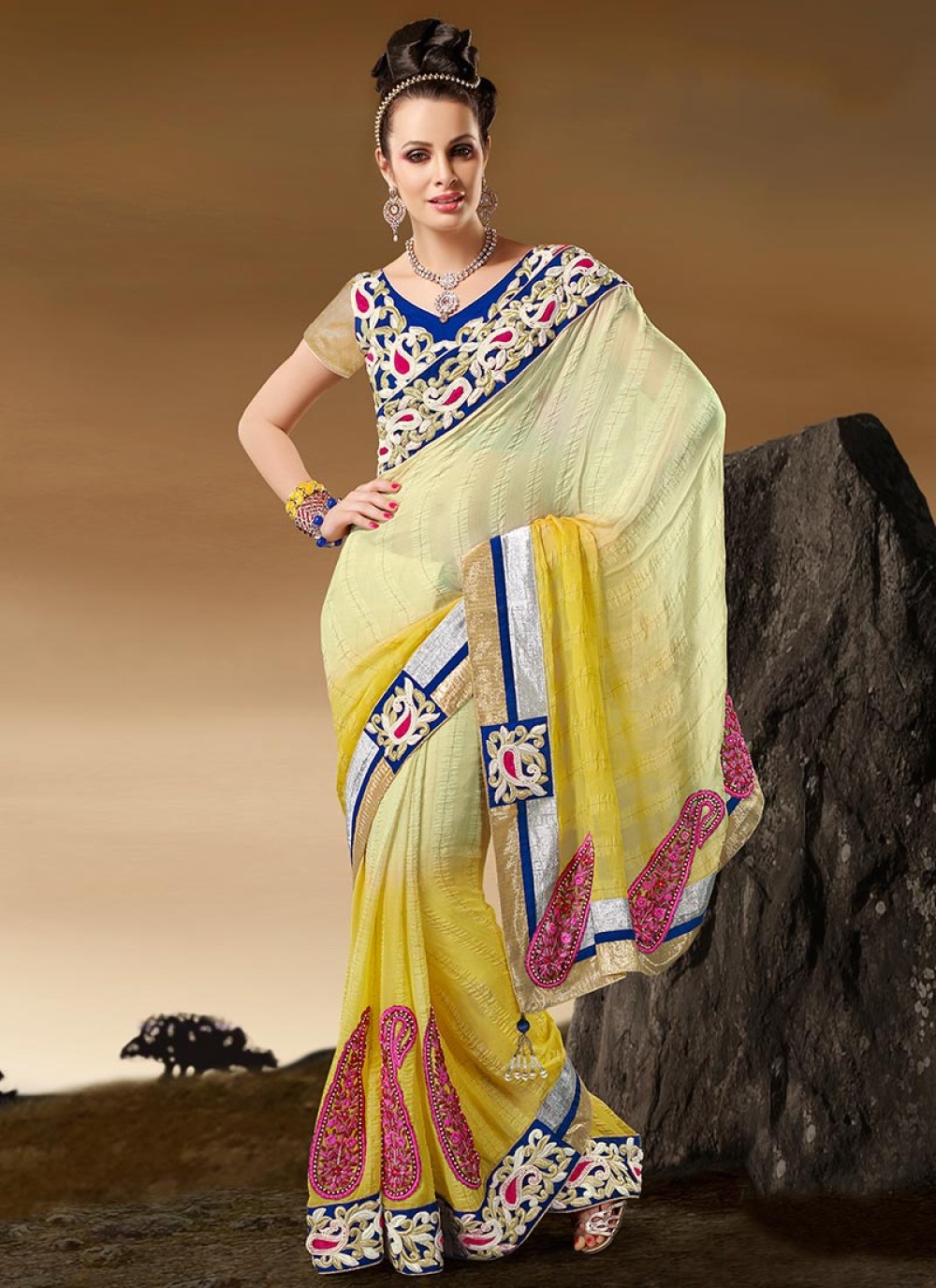 Yellow Paisley Faux Georgette Saree
