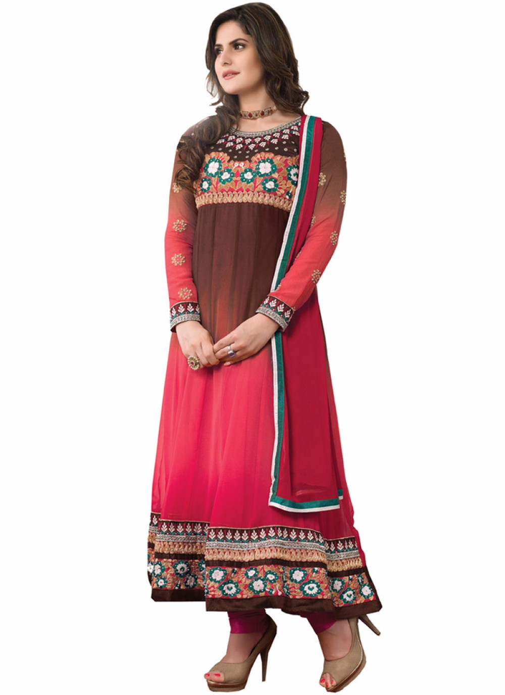 Zareen Khan Red And Wine Embroidery Work Anarkali Suit