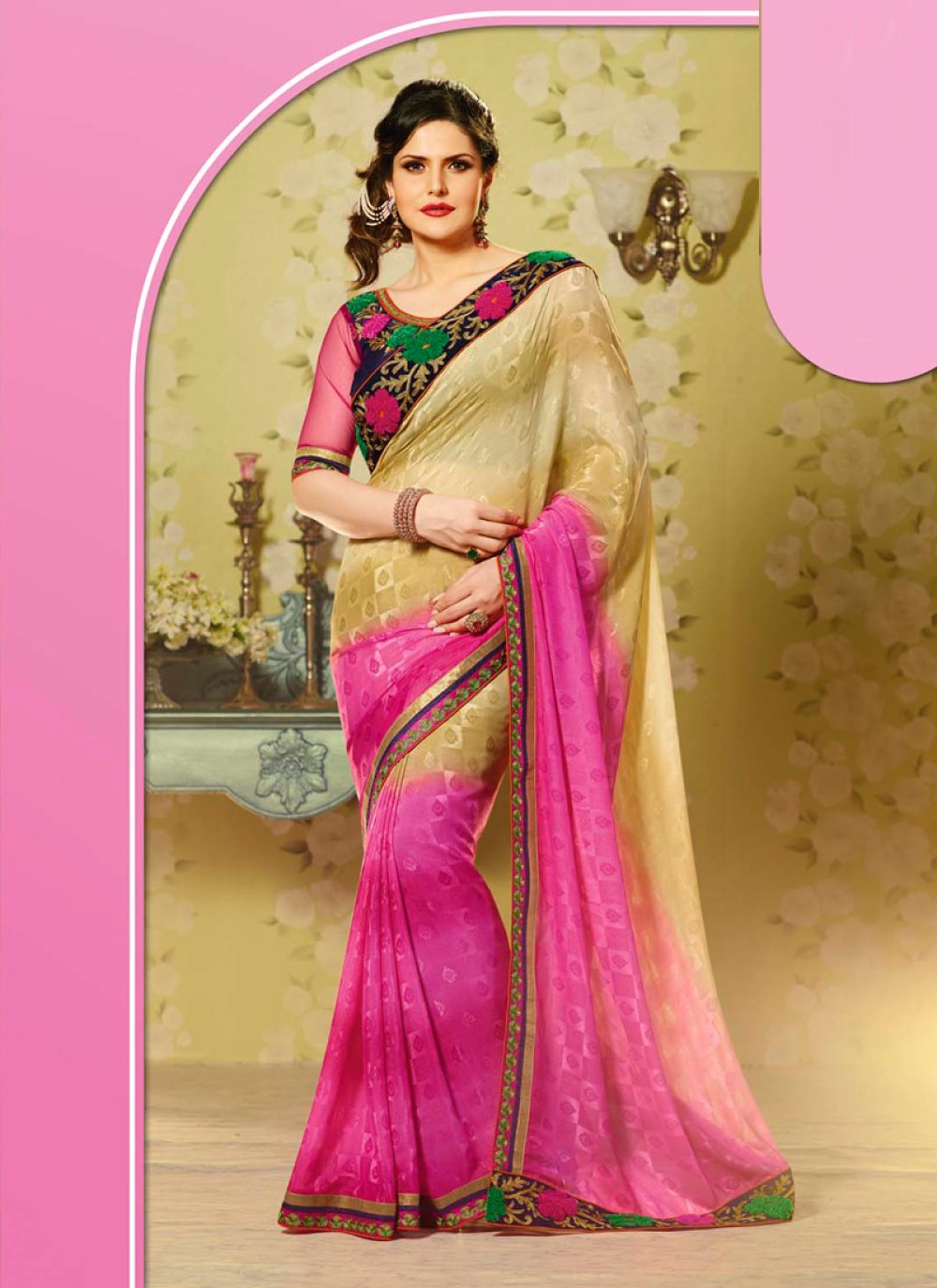 Traditional Look Cream With Pink Color Saree – Amrutamfab