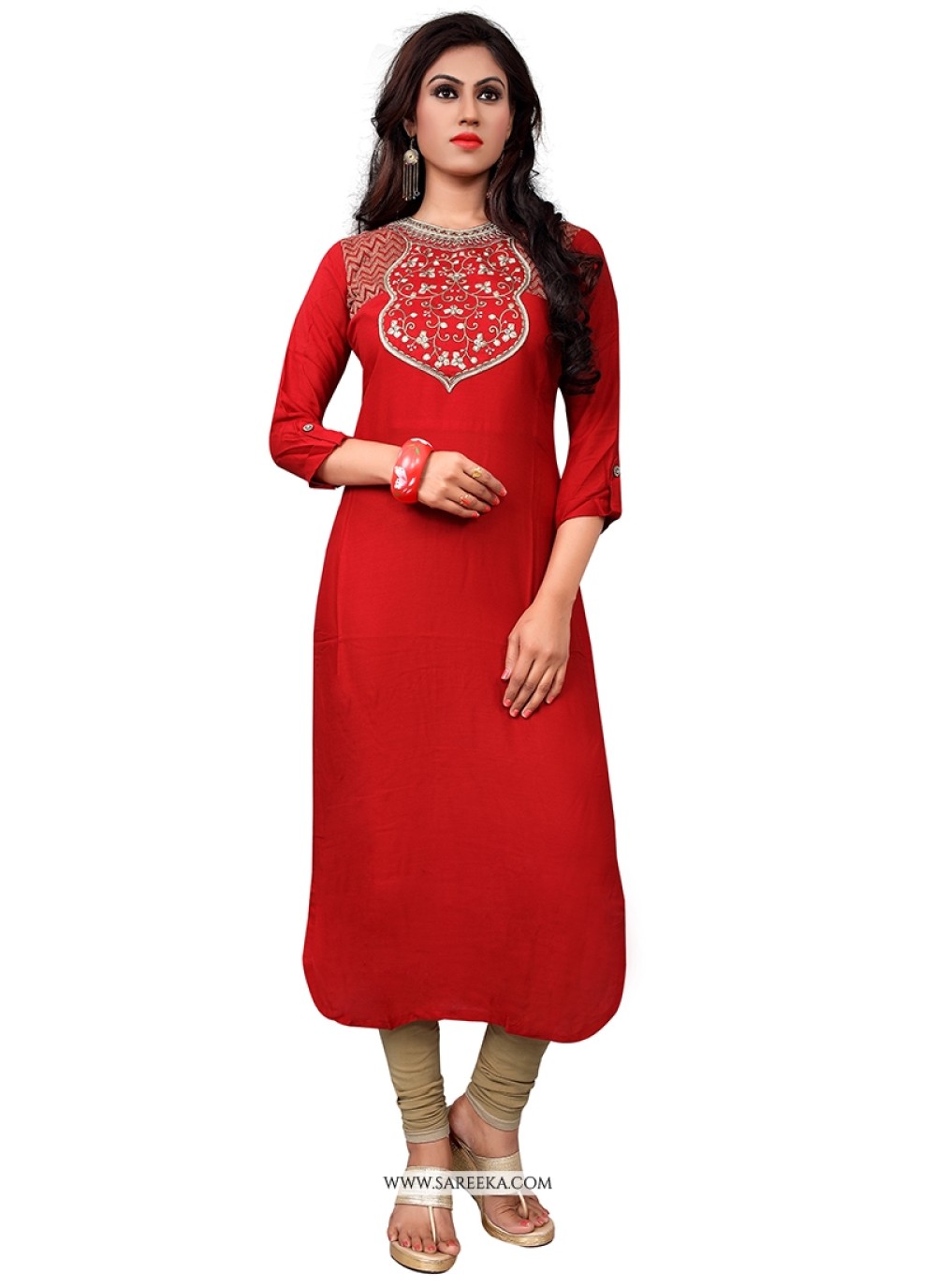 Red Embroidered Work Party Wear Kurti