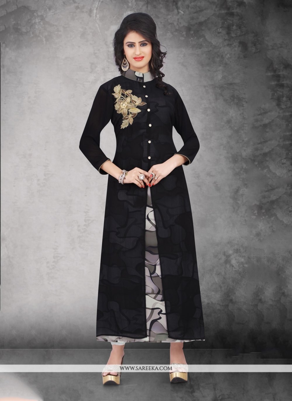 Black Embroidered Work Party Wear Kurti