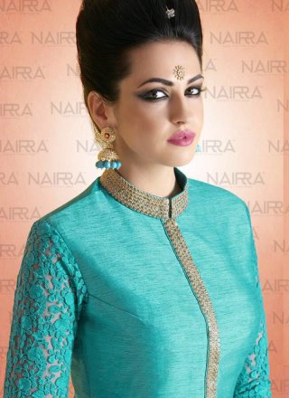 Lace Work Bhagalpuri Silk Turquoise Designer Suit