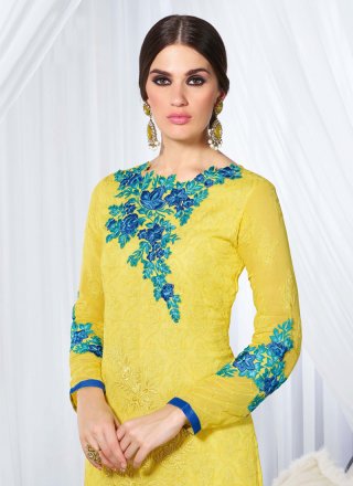 Embroidered Work Yellow Georgette Designer Straight Salwar Kameez