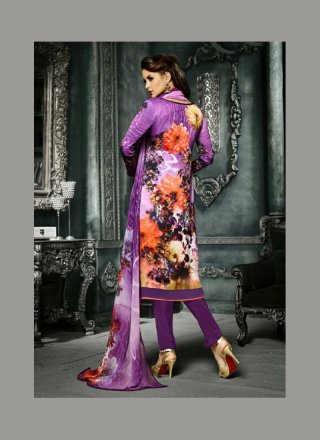 Purple Print Work Crepe Silk Churidar Designer Suit