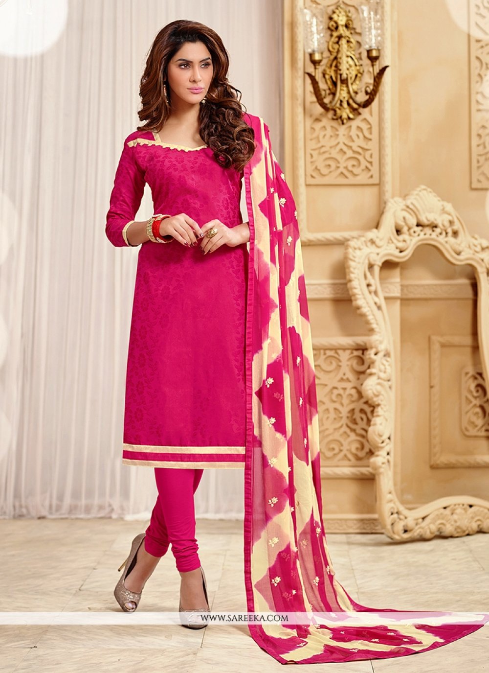 Buy Hot Pink Jacquard Churidar Designer Suit Online France