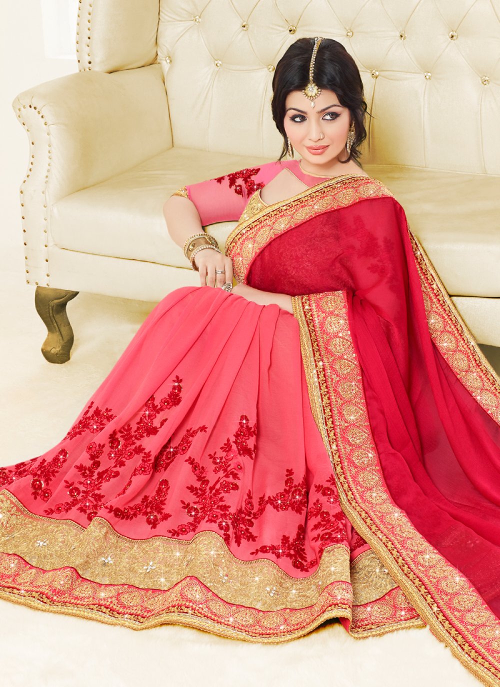 Buy Ayesha Takia Embroidered Work Hot Pink and Red Silk Classic ...